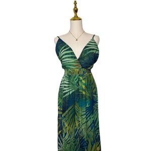 revamped green blue leaf maxi flowy dress tropical vacation boho y2k nature chic